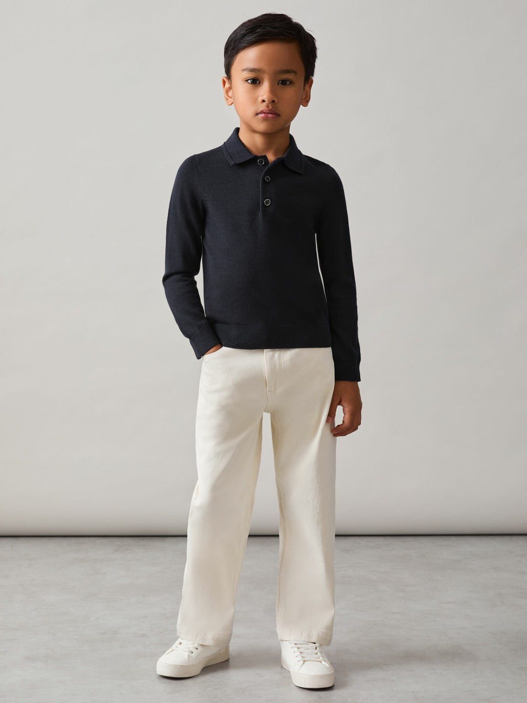 9-13 yrs Merino Wool Long-Sleeve Polo Shirt in Navy Children & Baby | Reiss
