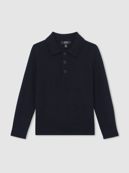 4-9 yrs Merino Wool Long-Sleeve Polo Shirt in Navy Children & Baby | Reiss