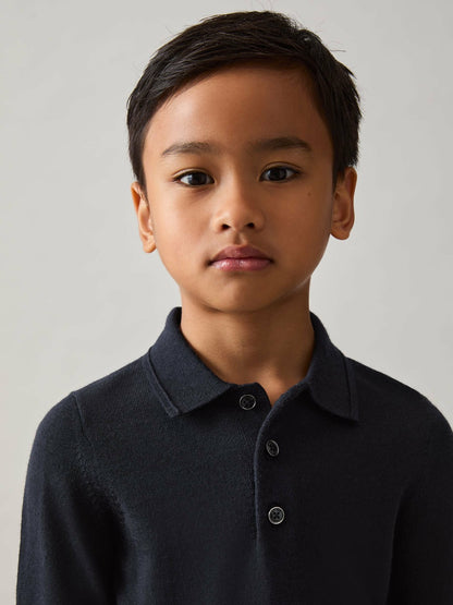 4-9 yrs Merino Wool Long-Sleeve Polo Shirt in Navy Children & Baby | Reiss