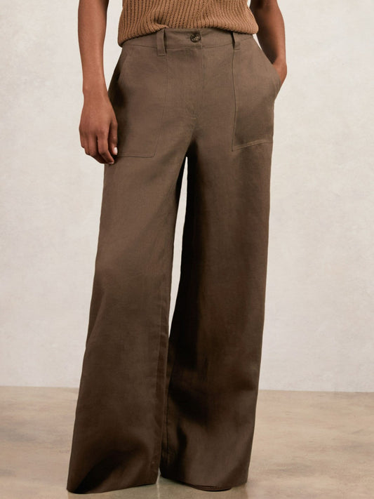 Petite Linen Wide Leg Trousers in Chocolate Brown Women | Reiss