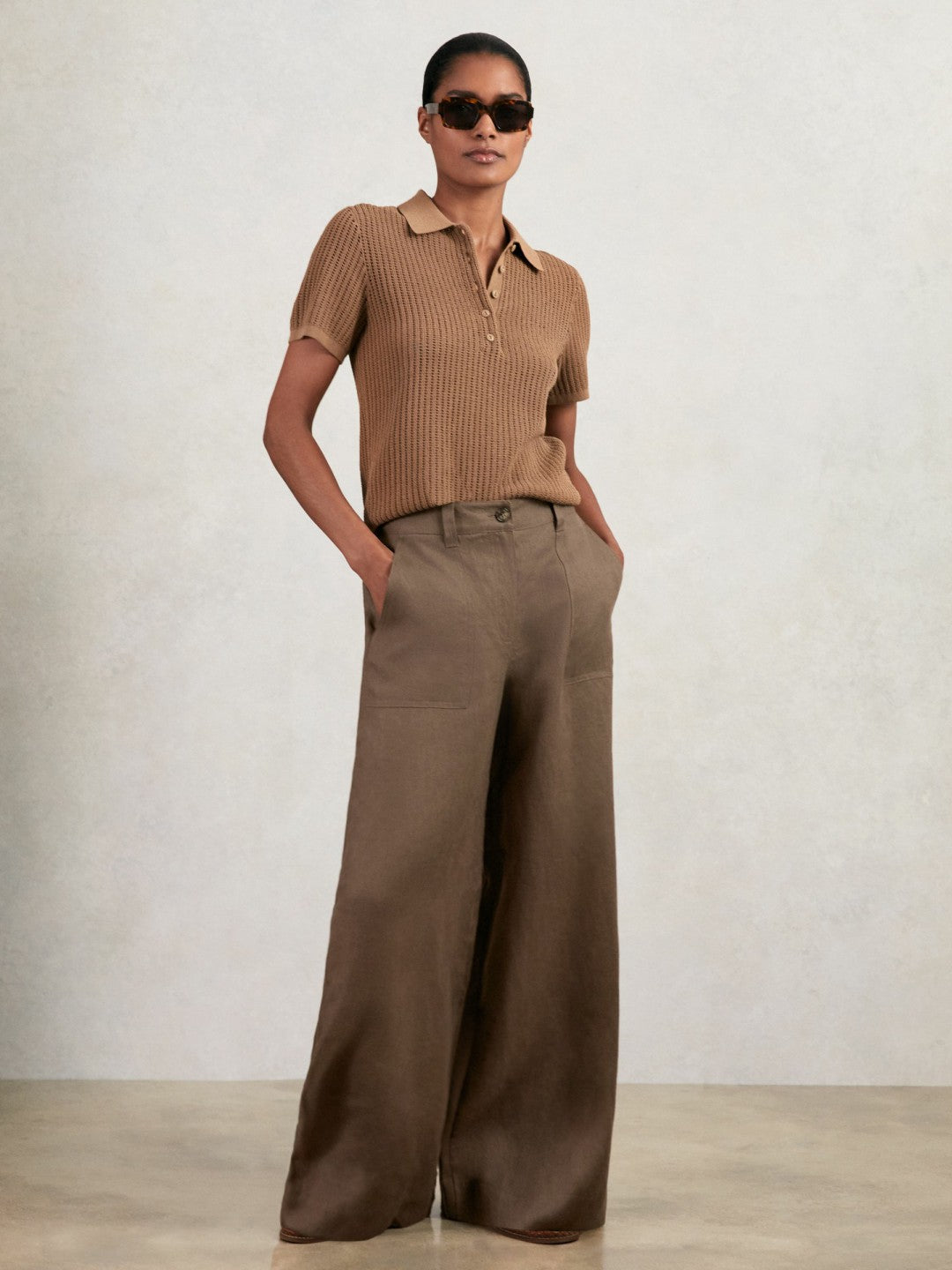 Petite Linen Wide Leg Trousers in Chocolate Brown Women | Reiss