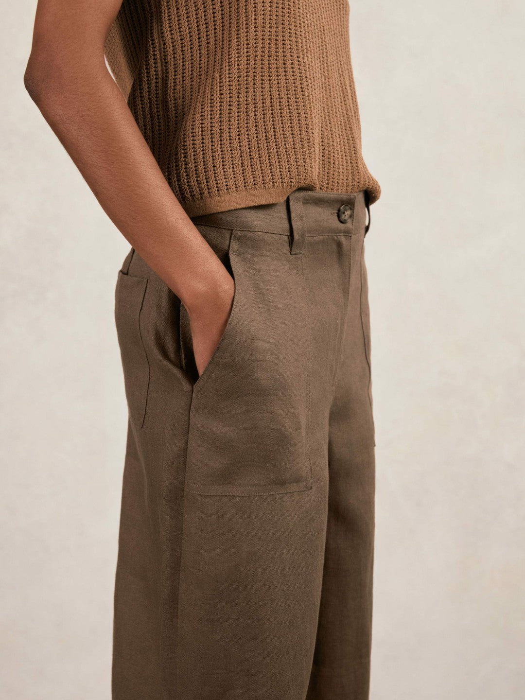 Petite Linen Wide Leg Trousers in Chocolate Brown Women | Reiss