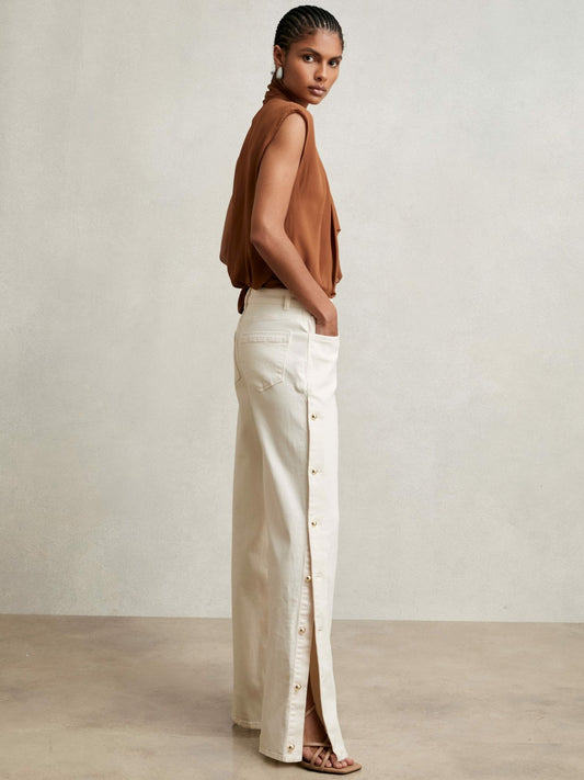 Petite Side Button Wide Leg Jeans in Cream Women | Reiss