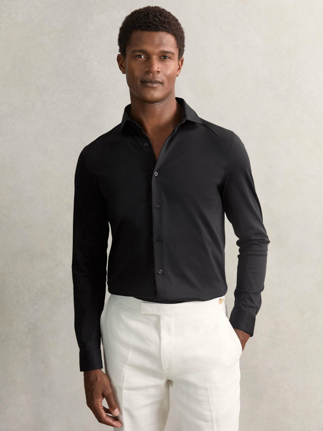Cotton-Jersey Button-Through Shirt in Black Men | Reiss