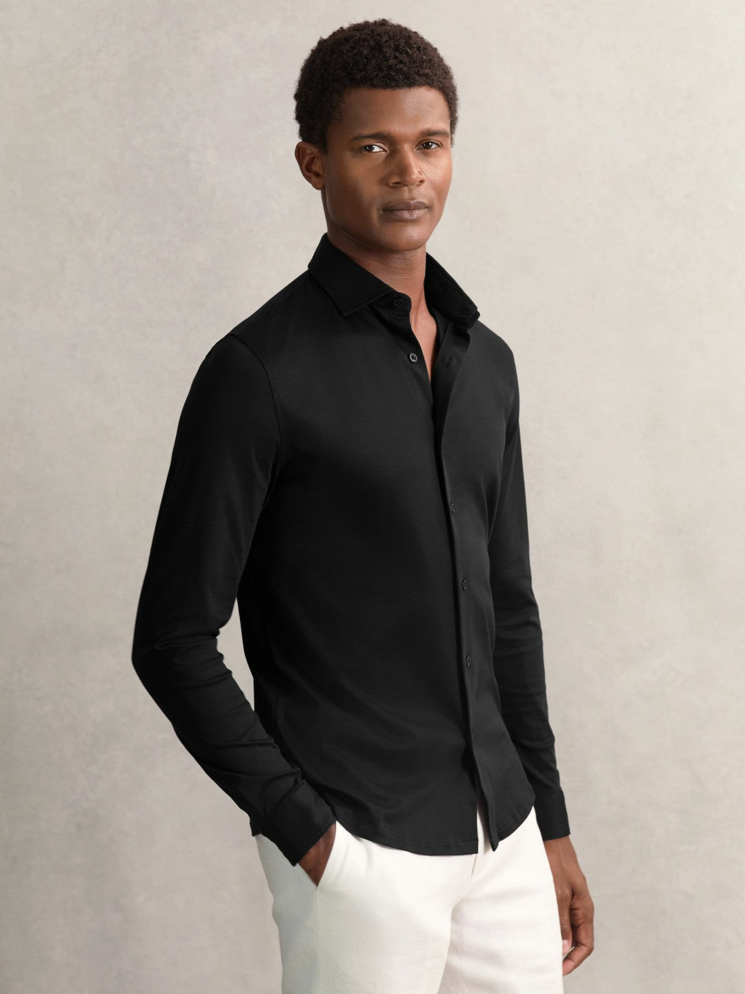 Cotton-Jersey Button-Through Shirt in Black Men | Reiss