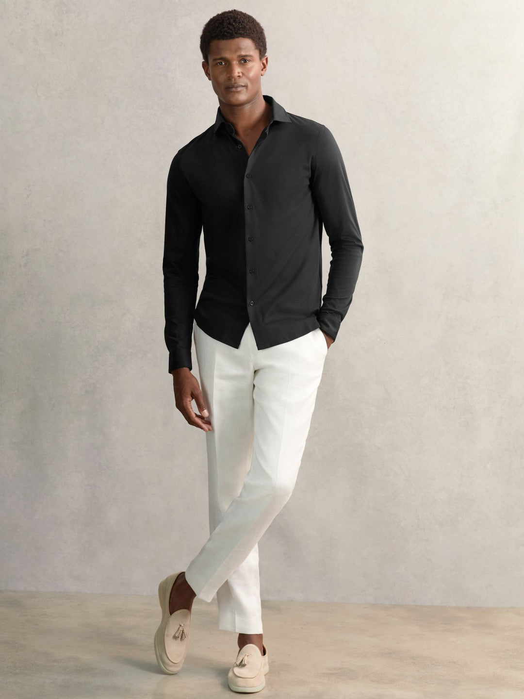 Cotton-Jersey Button-Through Shirt in Black Men | Reiss