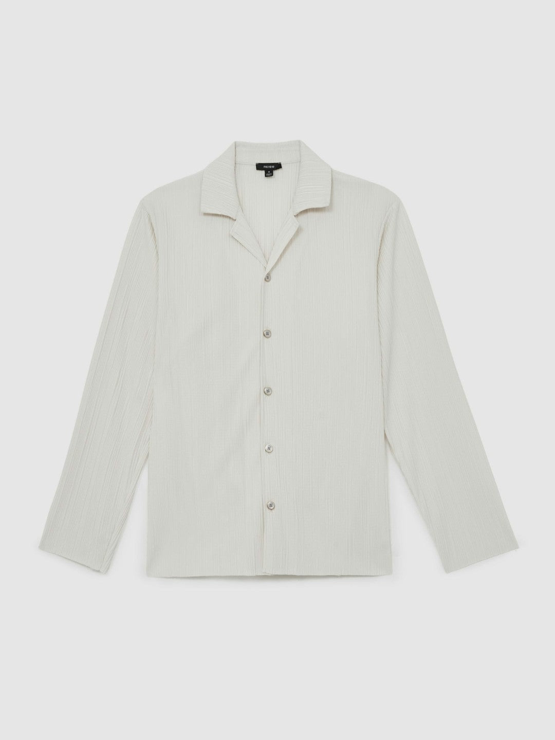 Plissé Cuban-Collar Long-Sleeve Shirt in Off White Men | Reiss
