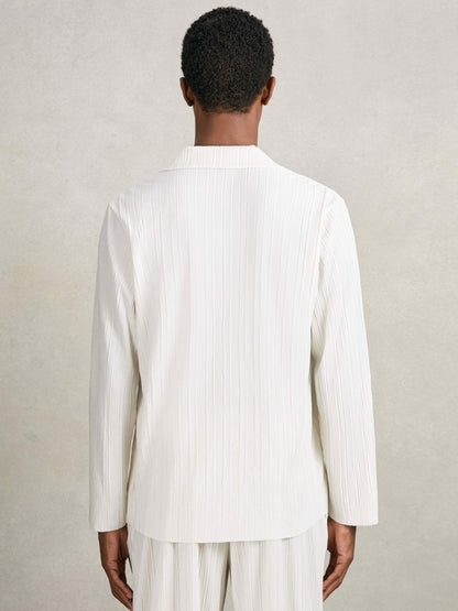Plissé Cuban-Collar Long-Sleeve Shirt in Off White Men | Reiss
