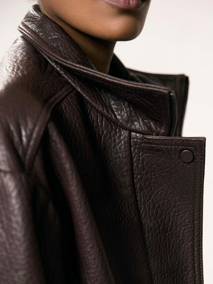 Oversize Grained-Leather Bomber Jacket in Burgundy Women | Reiss