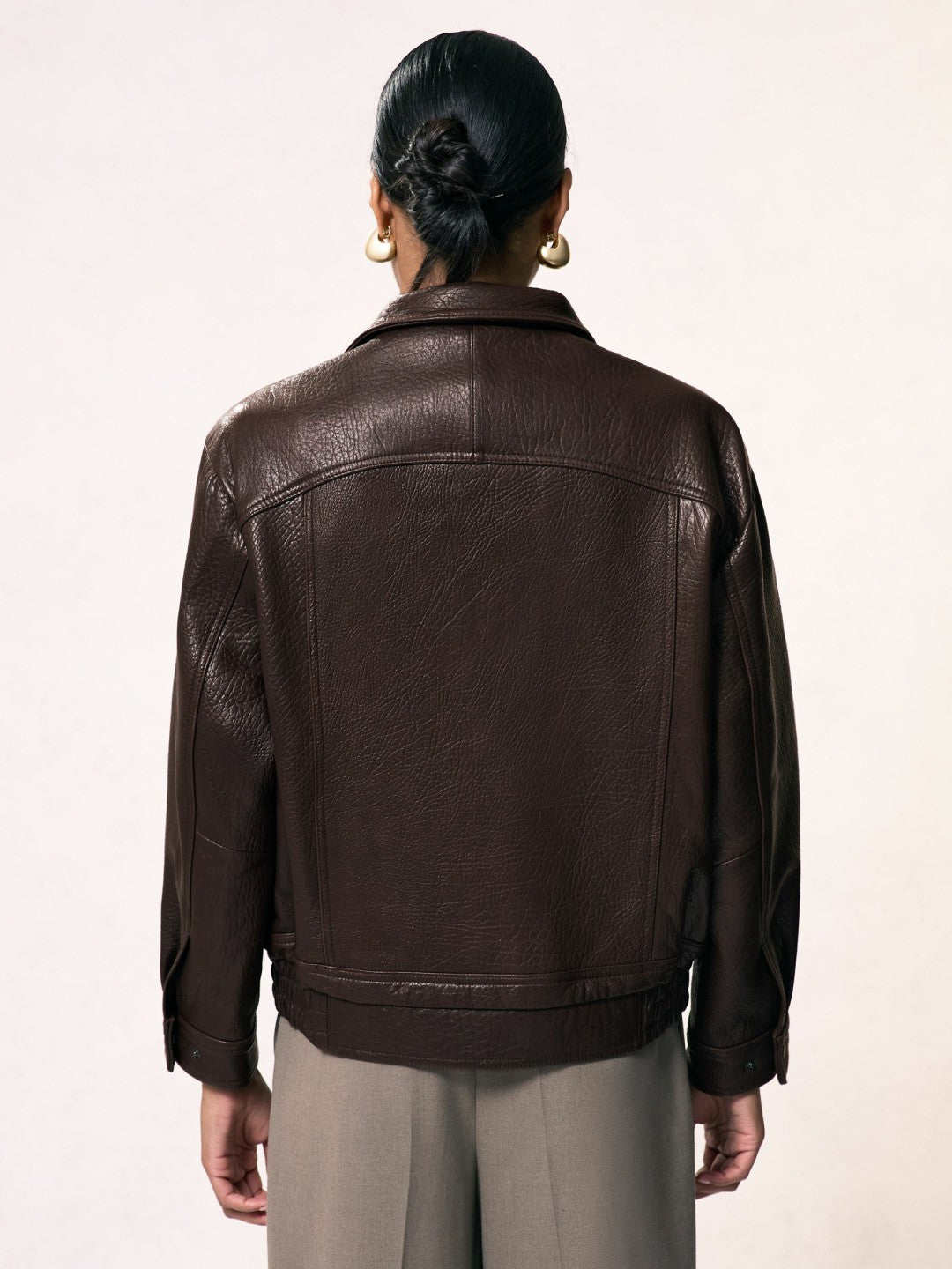 Oversize Grained-Leather Bomber Jacket in Burgundy Women | Reiss