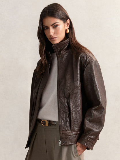 Oversize Grained-Leather Bomber Jacket in Burgundy Women | Reiss