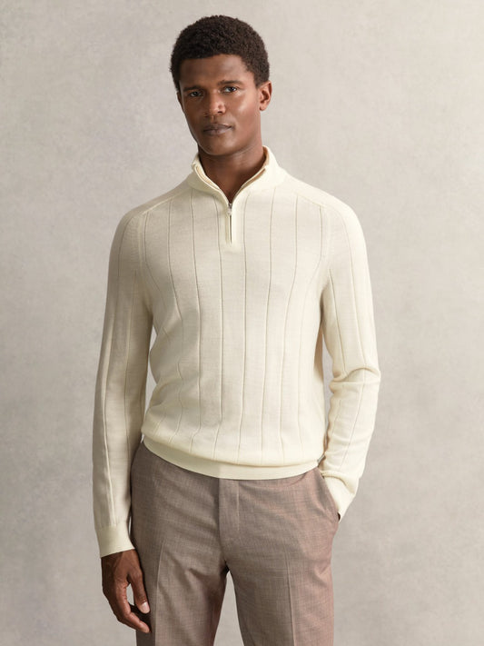 Merino Wool Wide-Rib Half-Zip Jumper in Bianco Men | Reiss