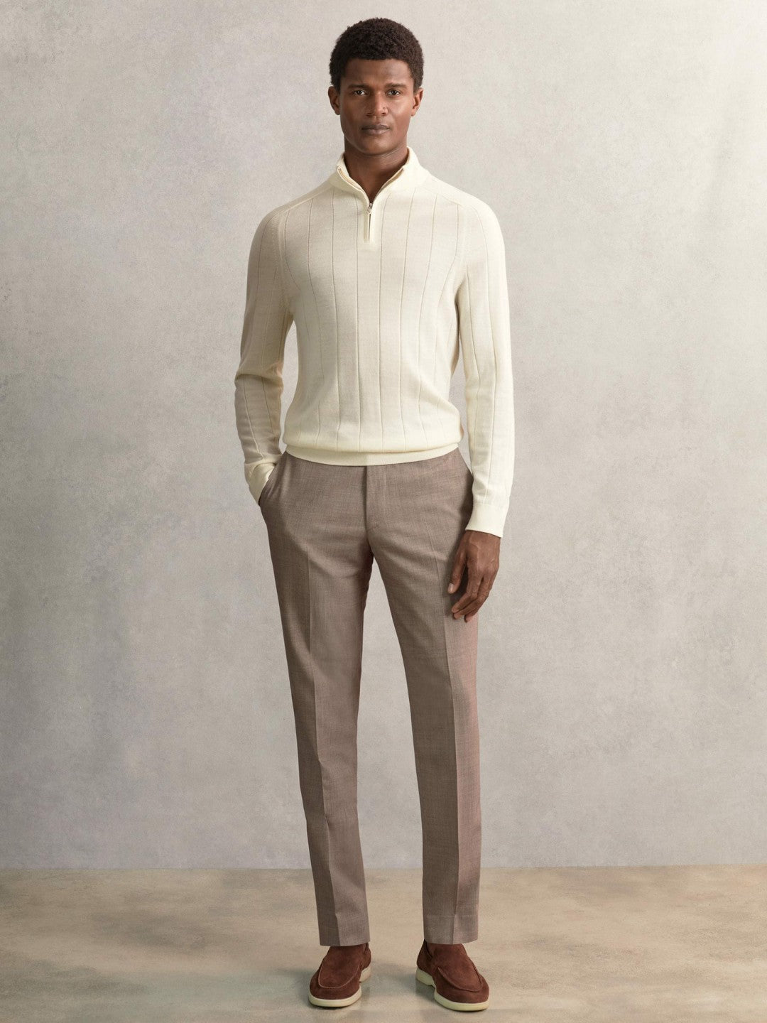 Merino Wool Wide-Rib Half-Zip Jumper in Bianco Men | Reiss