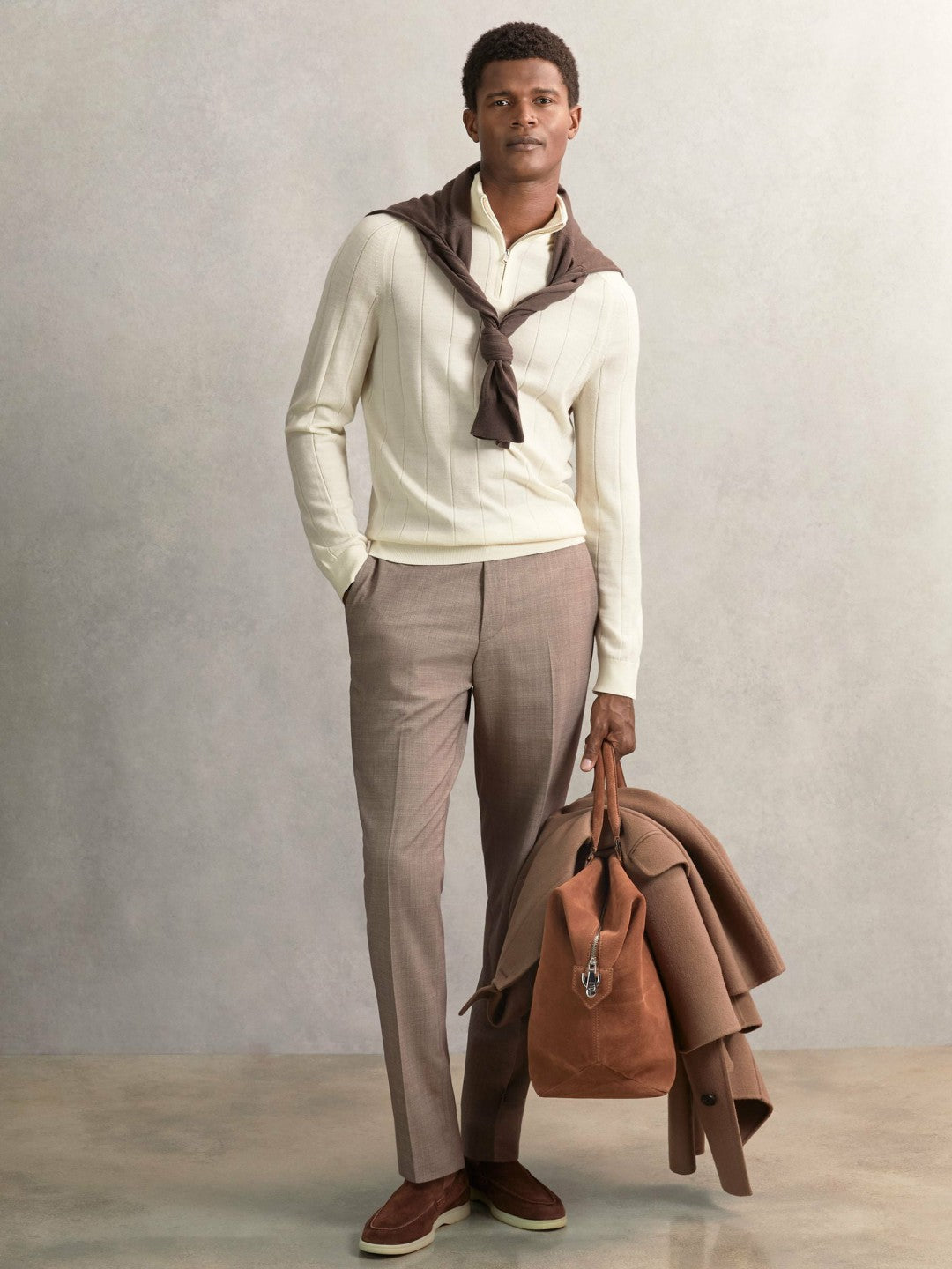Merino Wool Wide-Rib Half-Zip Jumper in Bianco Men | Reiss