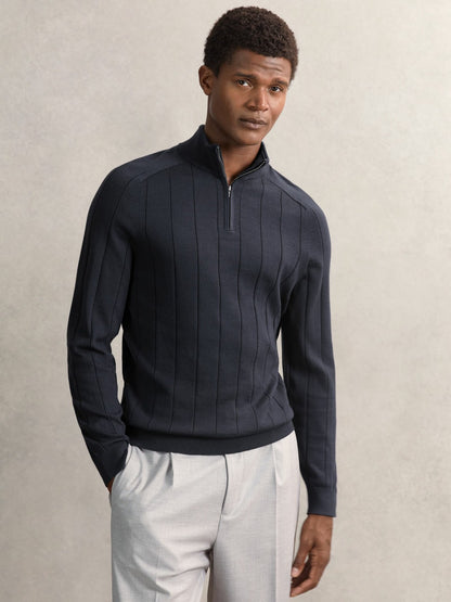 Merino Wool Wide-Rib Half-Zip Jumper in Airforce Blue Men | Reiss