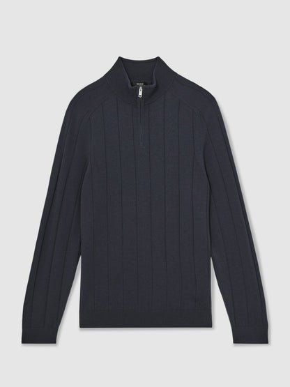Merino Wool Wide-Rib Half-Zip Jumper in Airforce Blue Men | Reiss