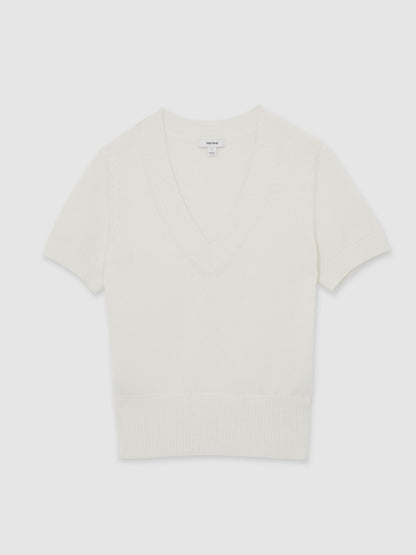Cotton-Wool Knit V-Neck Top in Ivory Women | Reiss