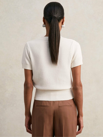 Cotton-Wool Knit V-Neck Top in Ivory Women | Reiss