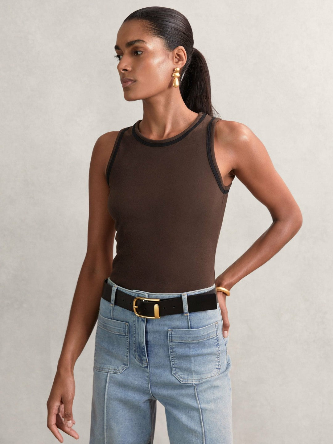 Stretch-Cotton Jersey Tipped Vest in Chocolate Brown/Black Women | Reiss
