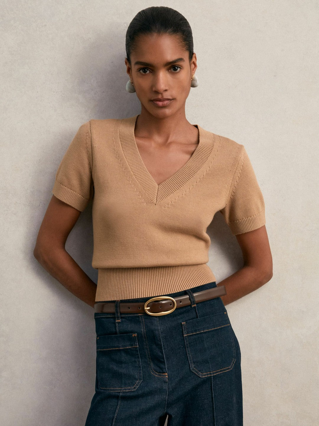Cotton-Wool Knit V-Neck Top in Camel Women | Reiss