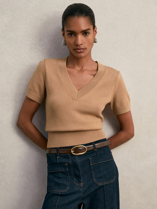 Cotton-Wool Knit V-Neck Top in Camel Women | Reiss