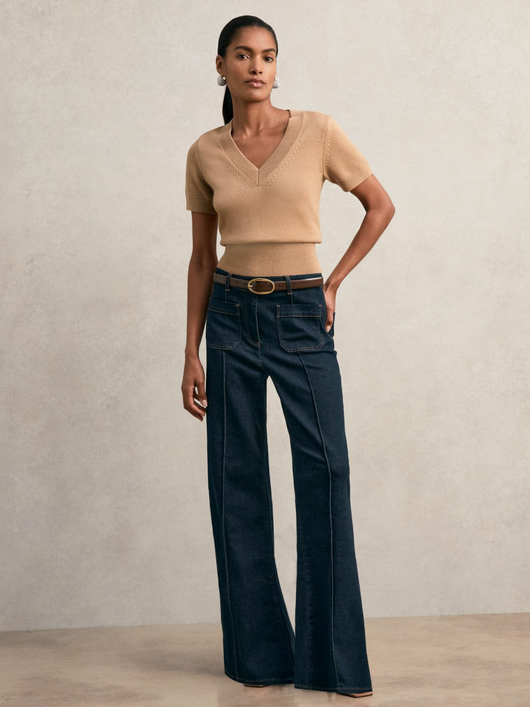 Cotton-Wool Knit V-Neck Top in Camel Women | Reiss