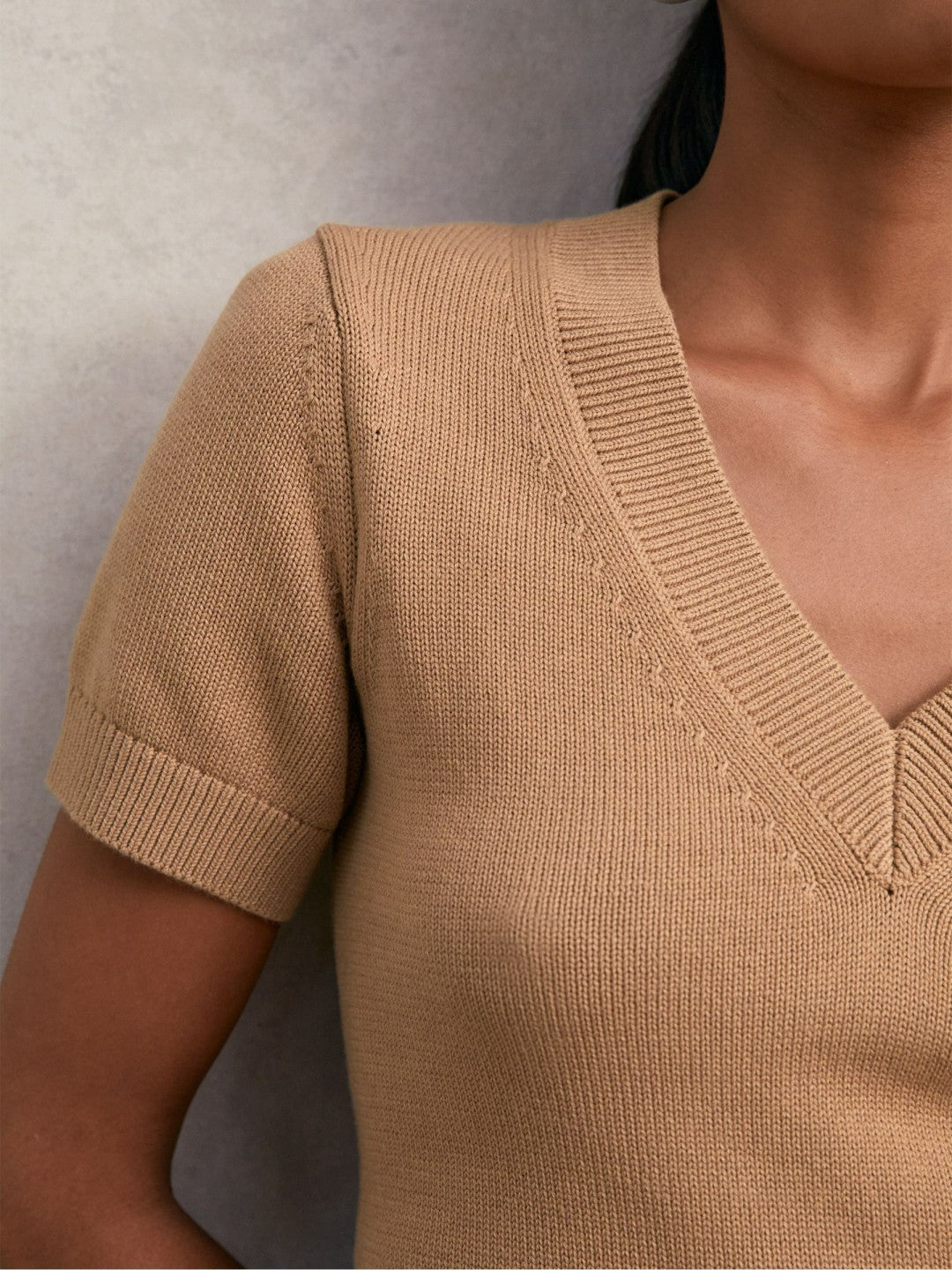 Cotton-Wool Knit V-Neck Top in Camel Women | Reiss