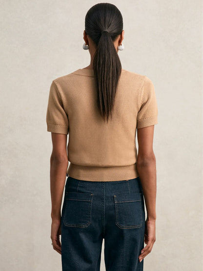 Cotton-Wool Knit V-Neck Top in Camel Women | Reiss