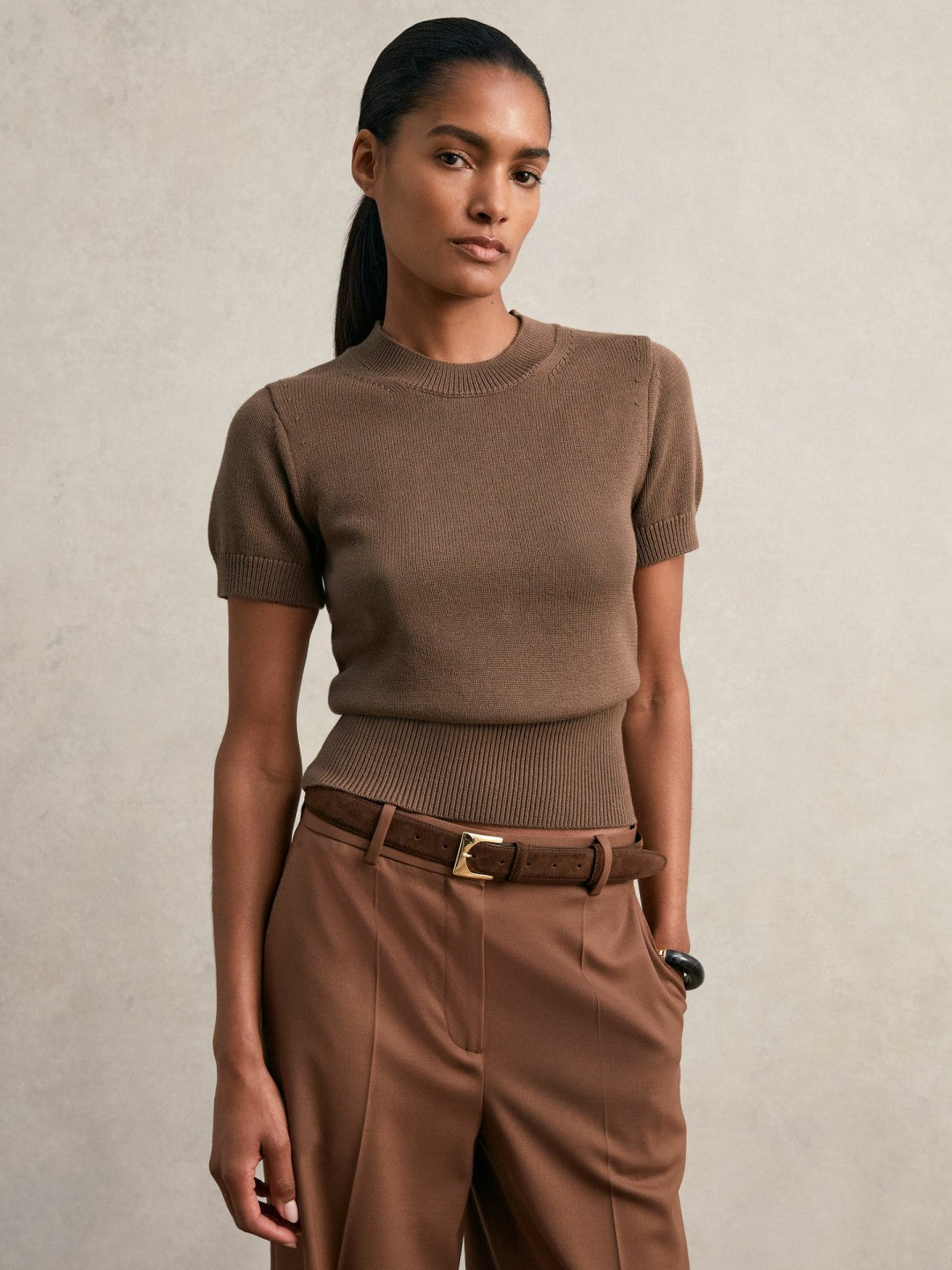 Cotton And Wool Crew-Neck Top in Brown Women | Reiss