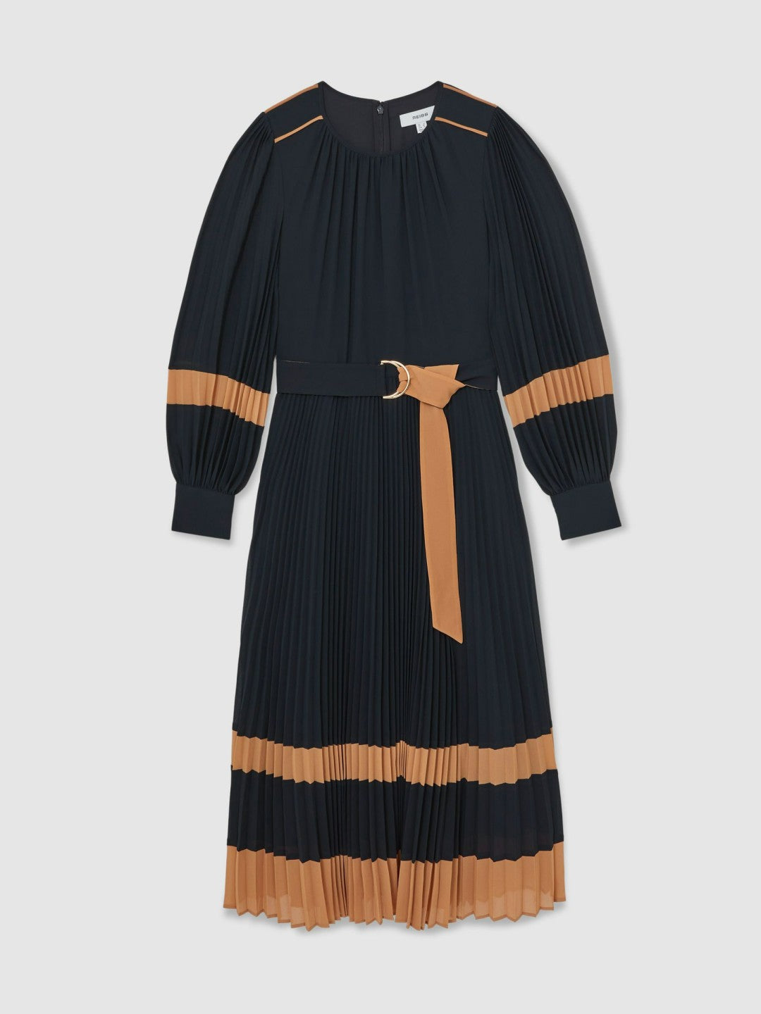 Colour-Block Pleated Midi Dress in Navy/Camel Women | Reiss
