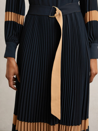Colour-Block Pleated Midi Dress in Navy/Camel Women | Reiss