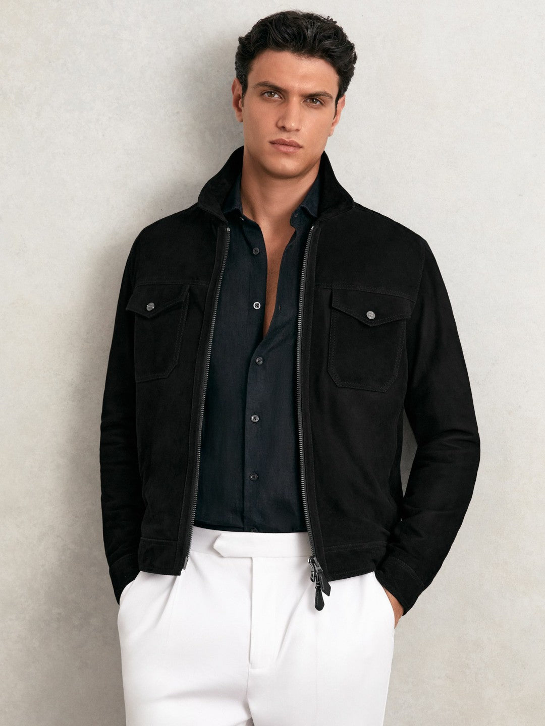 Suede Zip Through Jacket in Black Men | Reiss