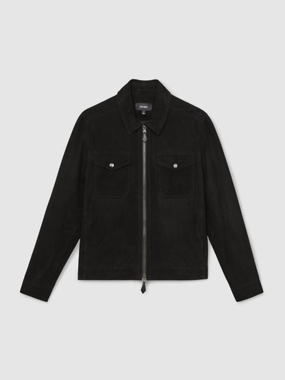 Suede Zip Through Jacket in Black Men | Reiss