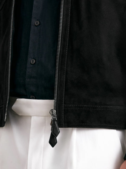 Suede Zip Through Jacket in Black Men | Reiss