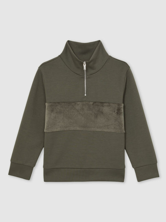 13-14 yrs Slim Fit Half-Zip Funnel Neck Velour Sweatshirt in Dark Sage Green Children & Baby | Reiss