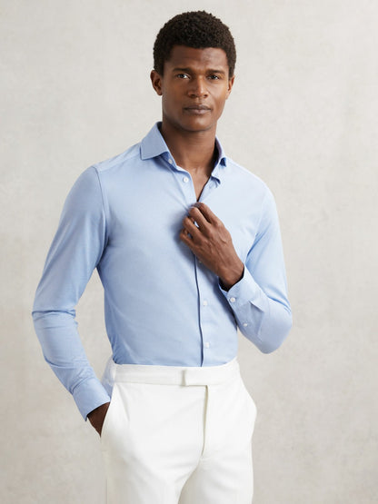 Cotton-Blend Jersey Cutaway-Collar Shirt in Soft Blue Men | Reiss