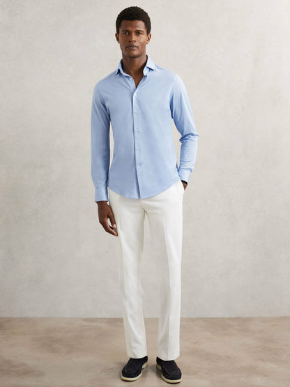 Cotton-Blend Jersey Cutaway-Collar Shirt in Soft Blue Men | Reiss