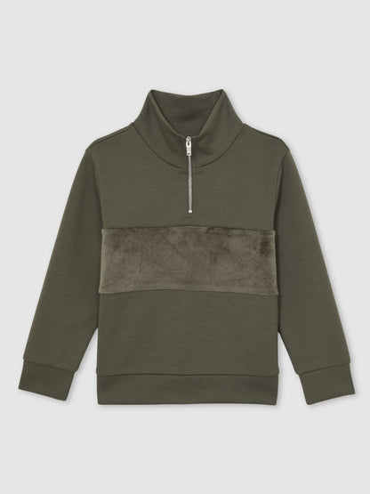 9-13 yrs Slim Fit Half-Zip Funnel Neck Velour Sweatshirt in Dark Sage Green Children & Baby | Reiss