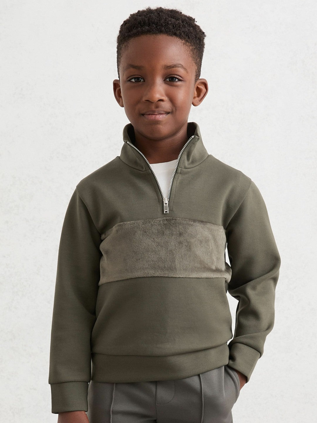 9-13 yrs Slim Fit Half-Zip Funnel Neck Velour Sweatshirt in Dark Sage Green Children & Baby | Reiss