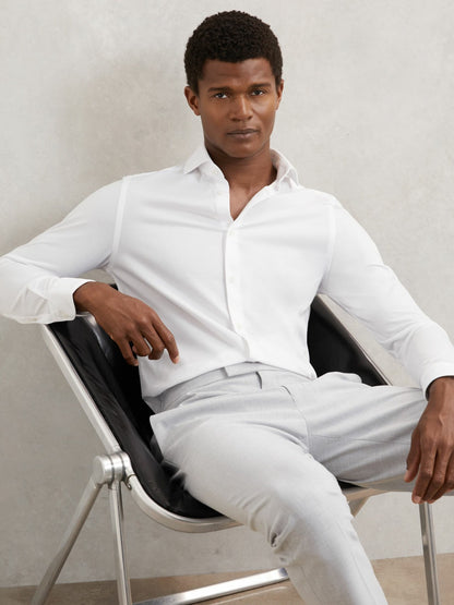 Cotton-Blend Jersey Cutaway-Collar Shirt in White Men | Reiss