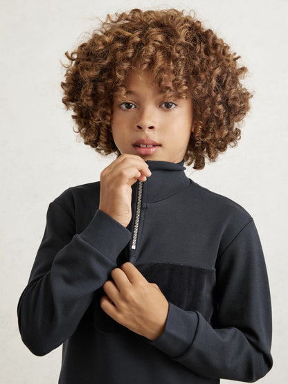 13-14 yrs Slim Fit Half-Zip Funnel Neck Velour Sweatshirt in Navy Blue Children & Baby | Reiss