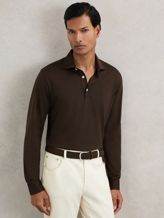Cotton-Jersey Long Sleeve Polo Shirt in Brown Men | Reiss
