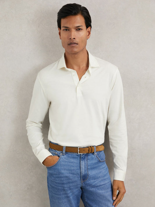 Cotton-Jersey Long Sleeve Polo Shirt in White Men | Reiss