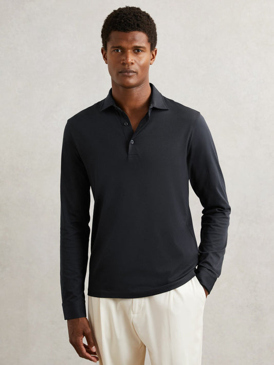 Cotton-Jersey Long Sleeve Polo Shirt in Navy Men | Reiss