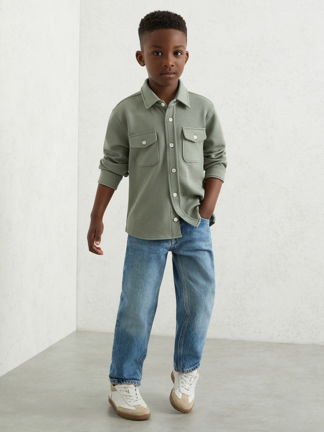 13-14 yrs Waffle-Textured Twin-Pocket Overshirt in Sage Children & Baby | Reiss