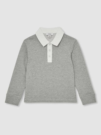 Cotton Half-Button Rugby Polo Shirt in Grey Marl/White Children & Baby | Reiss