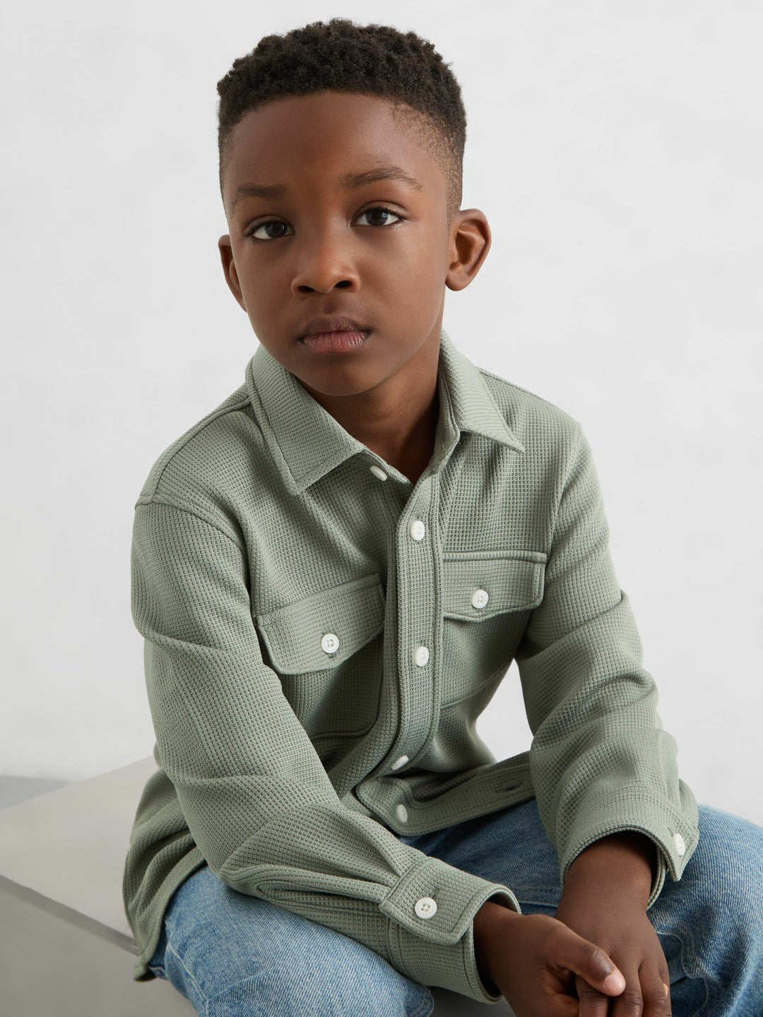 3-9 yrs Waffle-Textured Twin-Pocket Overshirt in Sage Children & Baby | Reiss