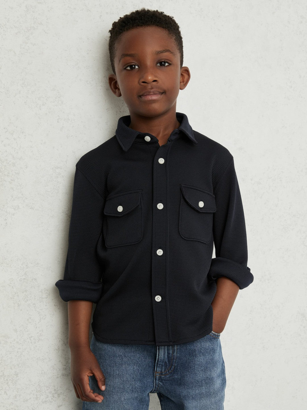 13-14 yrs Waffle-Textured Twin-Pocket Overshirt in Navy Children & Baby | Reiss