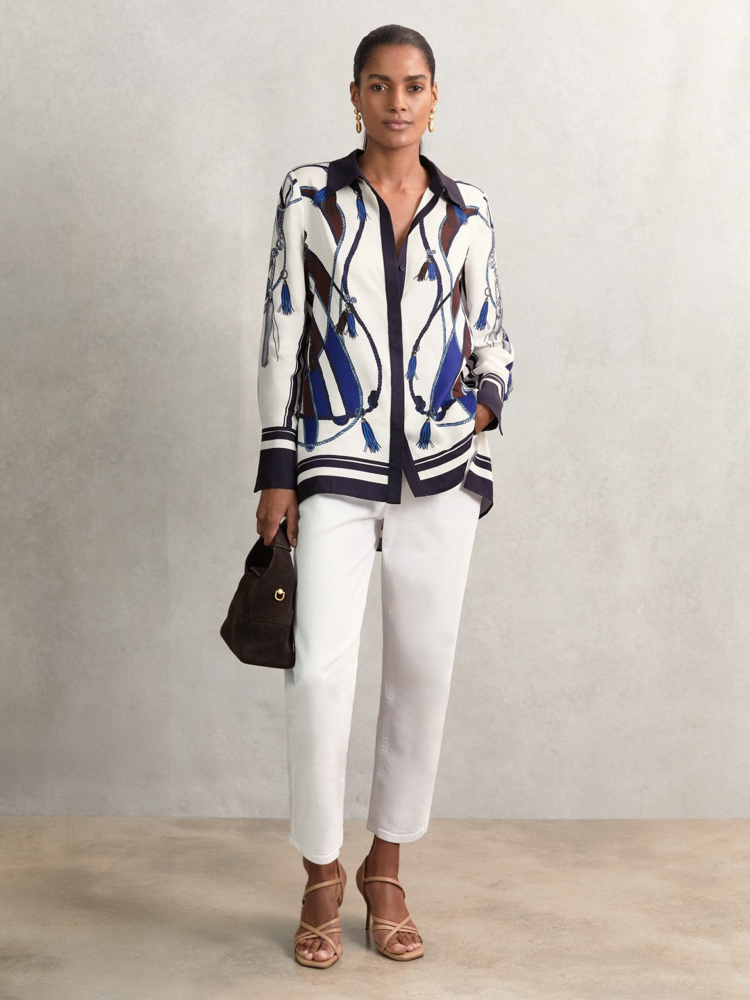 Scarf Print Colourblock Shirt in Navy Women | Reiss