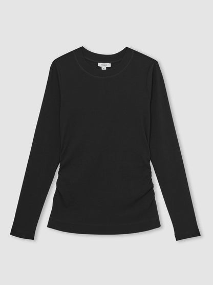 Cotton Long-Sleeve Ruched T-Shirt with Stretch in Black Women | Reiss